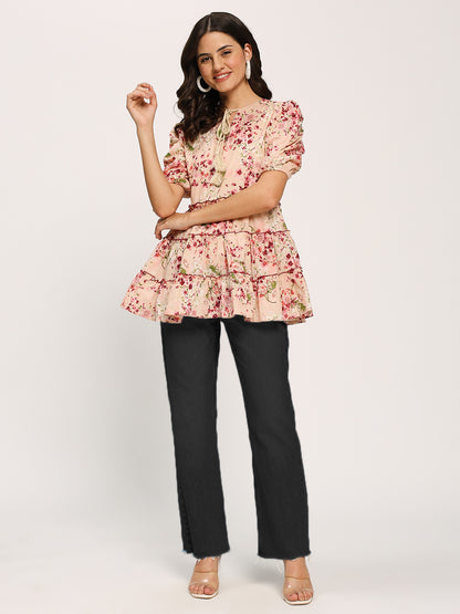 Pink Floral Print Casual Cotton Tunic Top
