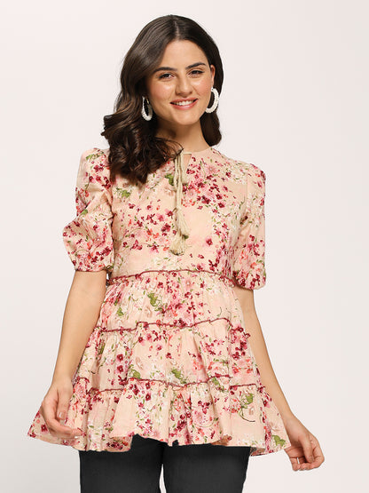 Pink Floral Print Casual Cotton Tunic Top