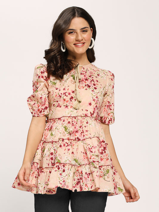 Pink Floral Print Casual Cotton Tunic Top