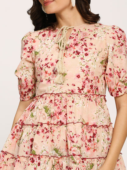 Pink Floral Print Casual Cotton Tunic Top