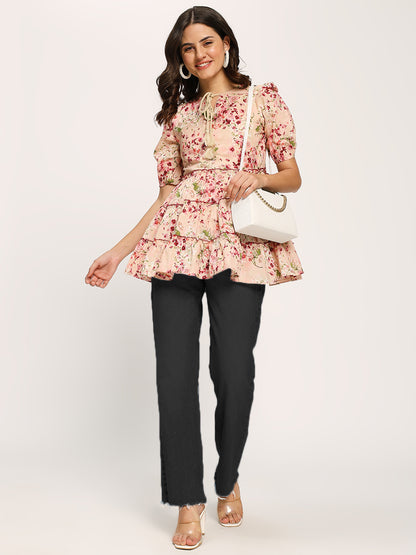 Pink Floral Print Casual Cotton Tunic Top