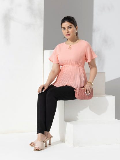 Pink Solid Fashion Pleated Peplum Top With Metal Accessories