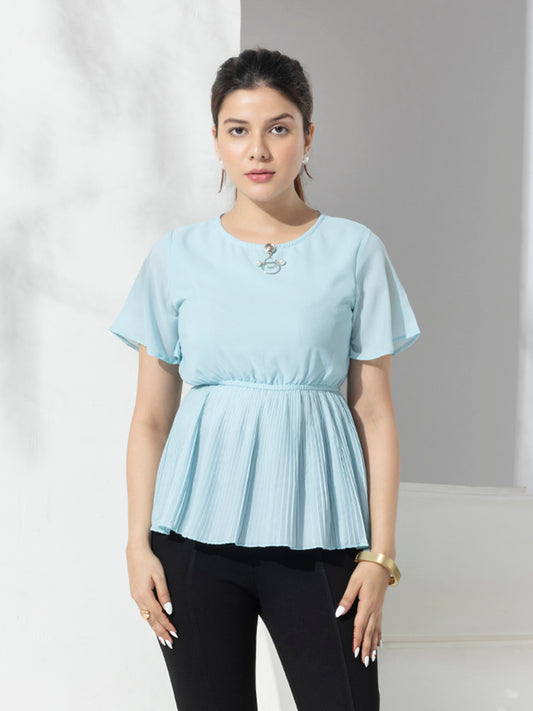 Blue Solid Fashion Pleated Peplum Top With Metal Accessories