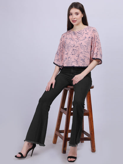 Pink Floral Print Rayon Wrinkle Crop Top With Fashion Bell Sleeves & Lace Embellishment