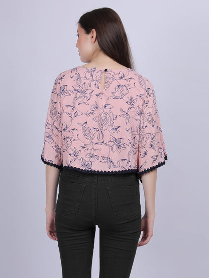 Pink Floral Print Rayon Wrinkle Crop Top With Fashion Bell Sleeves & Lace Embellishment