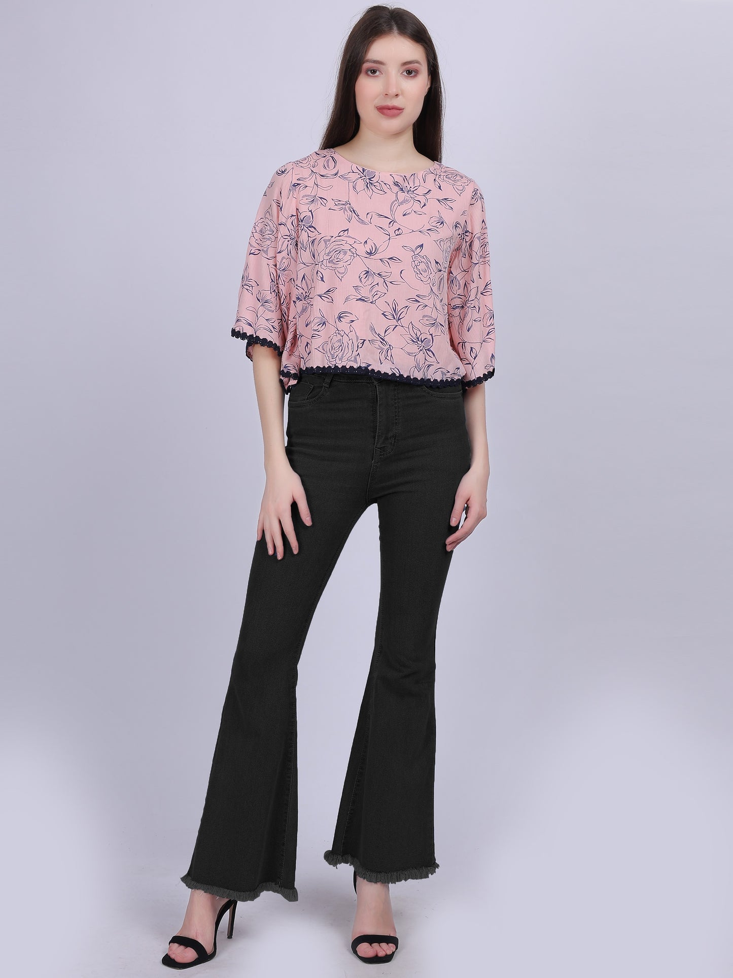 Pink Floral Print Rayon Wrinkle Crop Top With Fashion Bell Sleeves & Lace Embellishment