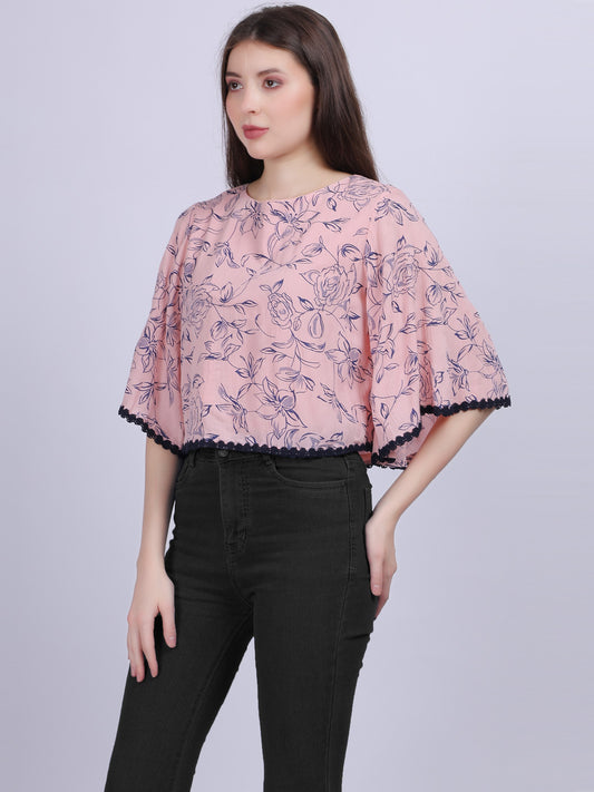 Pink Floral Print Rayon Wrinkle Crop Top With Fashion Bell Sleeves & Lace Embellishment