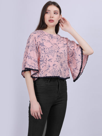 Pink Floral Print Rayon Wrinkle Crop Top With Fashion Bell Sleeves & Lace Embellishment