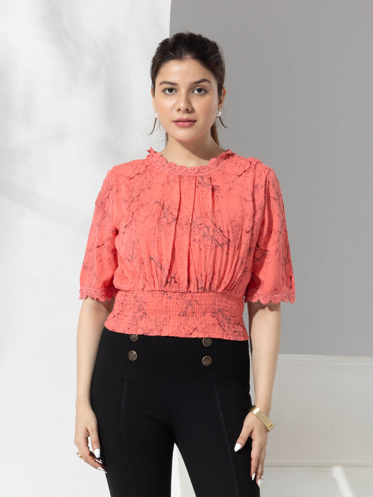 Coral Abstract Print Fancy Crop Top With Lace