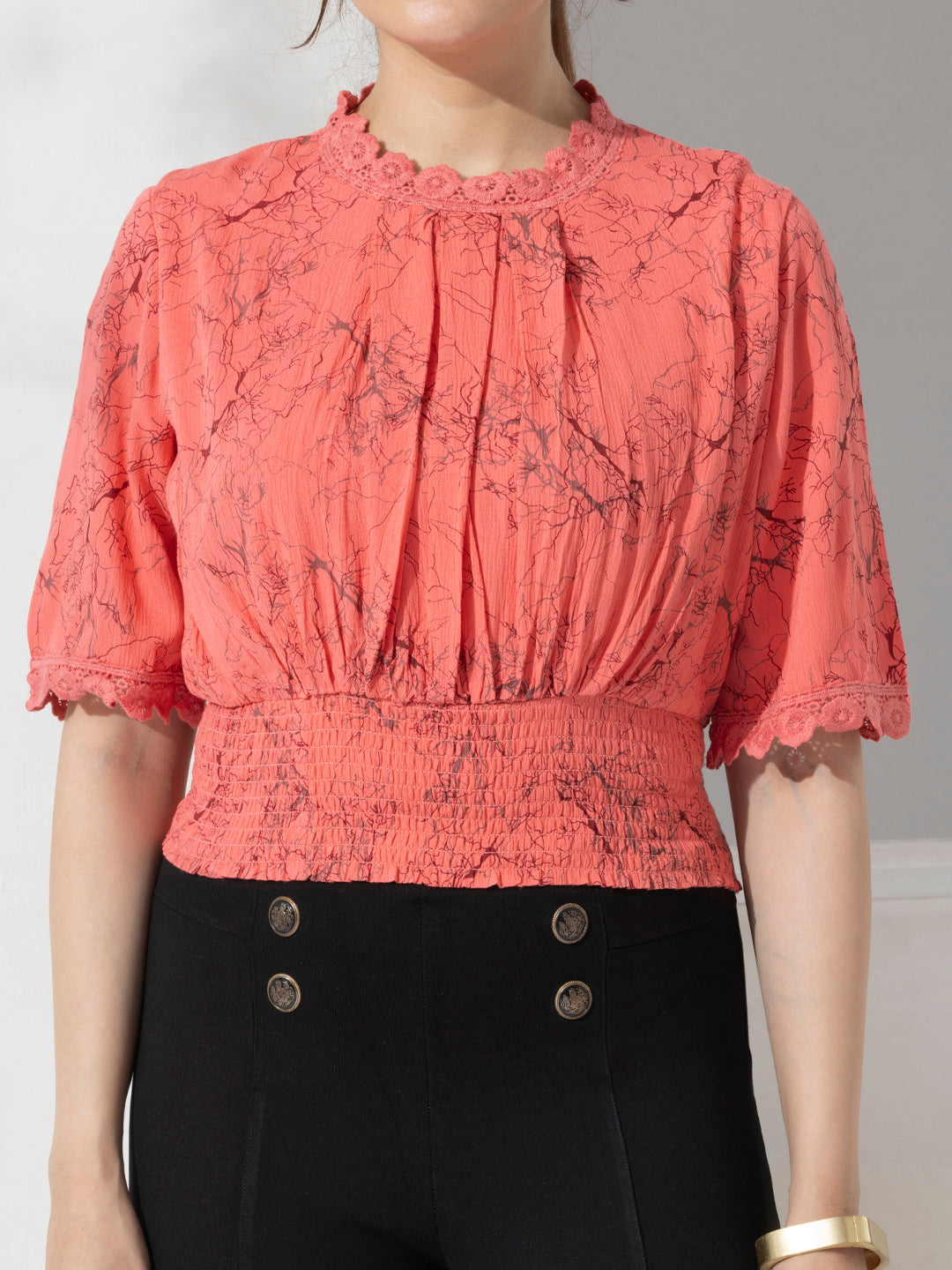 Coral Abstract Print Fancy Crop Top With Lace