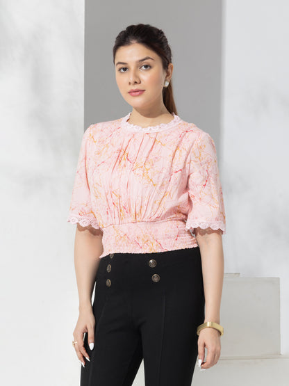 Pink Abstract Print Fancy Crop Top With Lace