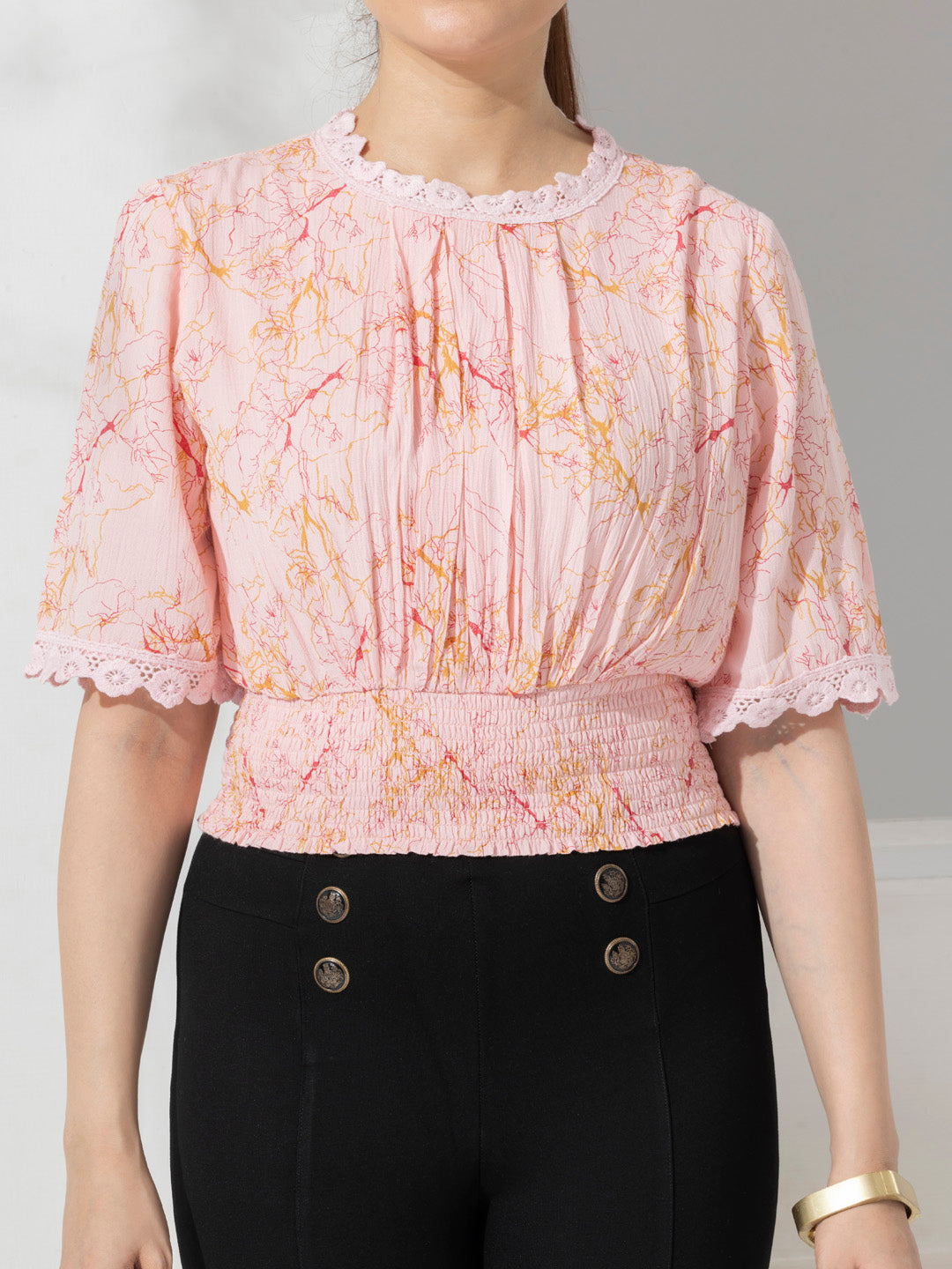 Pink Abstract Print Fancy Crop Top With Lace