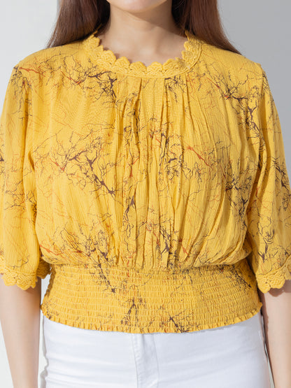 Yellow Abstract Print Fancy Crop Top With Lace