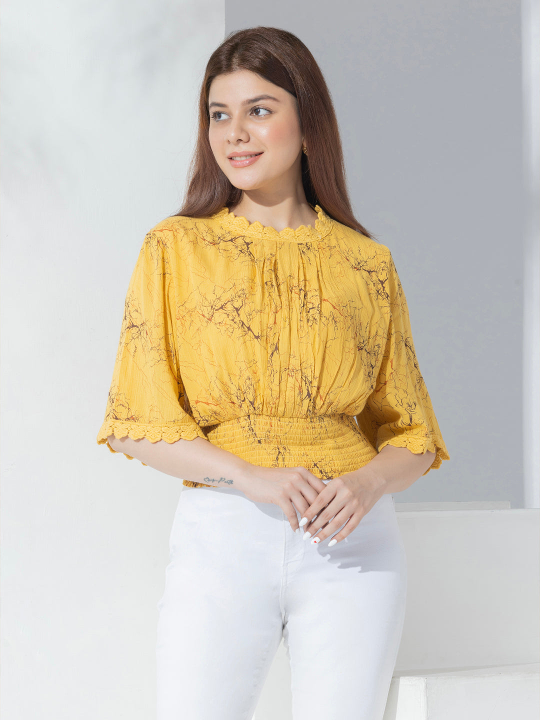 Yellow Abstract Print Fancy Crop Top With Lace