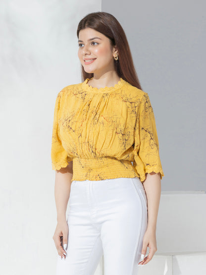 Yellow Abstract Print Fancy Crop Top With Lace