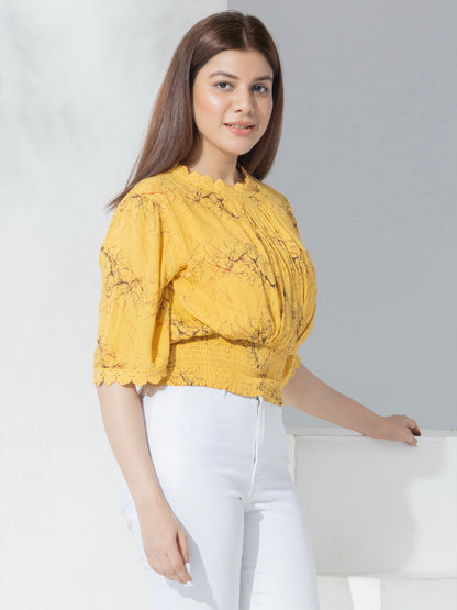 Yellow Abstract Print Fancy Crop Top With Lace