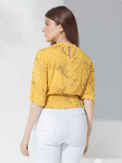 Yellow Abstract Print Fancy Crop Top With Lace