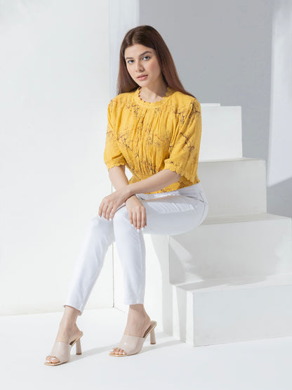 Yellow Abstract Print Fancy Crop Top With Lace