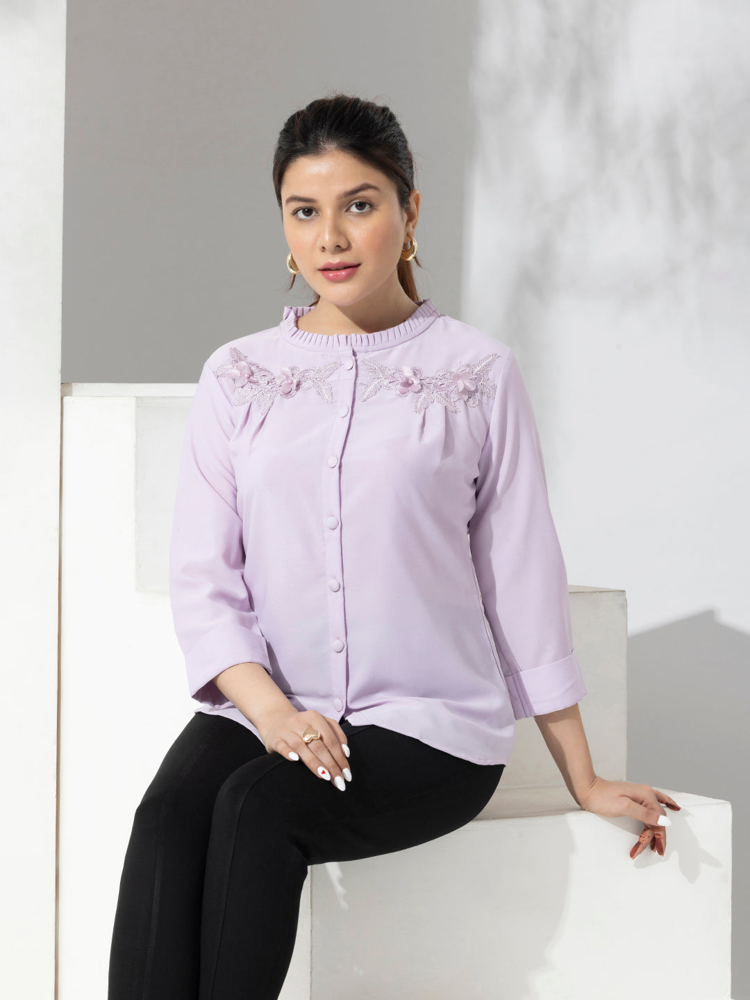 Lilac Solid Fancy Fashion Top With Lace