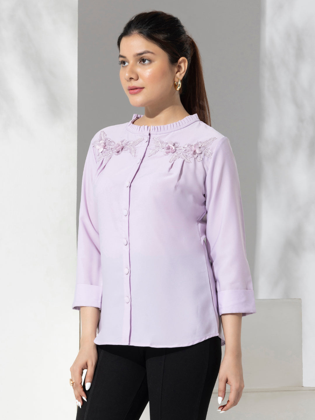 Lilac Solid Fancy Fashion Top With Lace