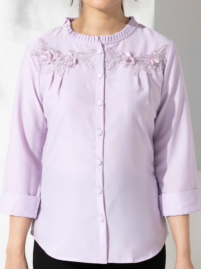 Lilac Solid Fancy Fashion Top With Lace