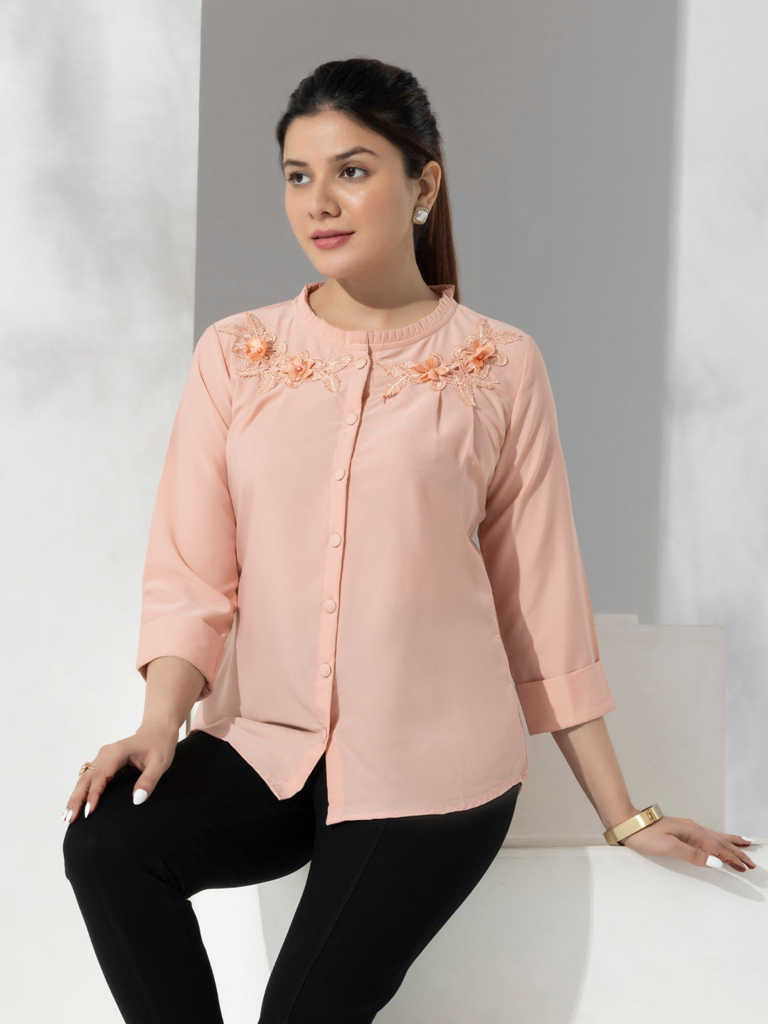 Pink Solid Fancy Fashion Top With Lace