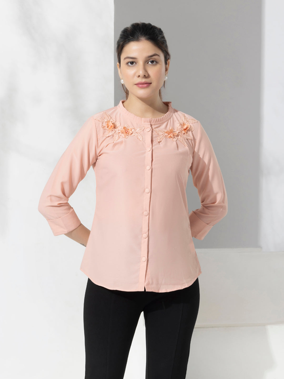 Pink Solid Fancy Fashion Top With Lace