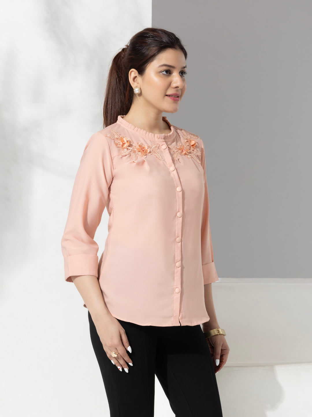 Pink Solid Fancy Fashion Top With Lace