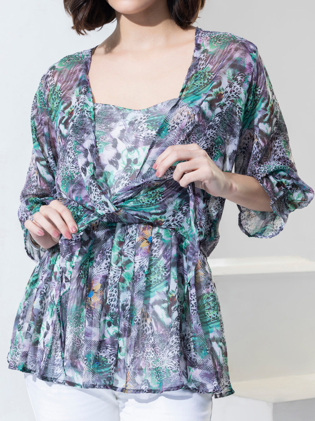 Green Floral Print Fashion Spagetti Top With Shrug