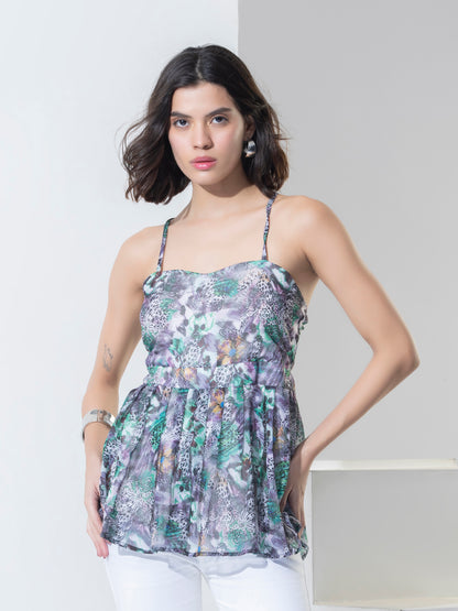 Green Floral Print Fashion Spagetti Top With Shrug