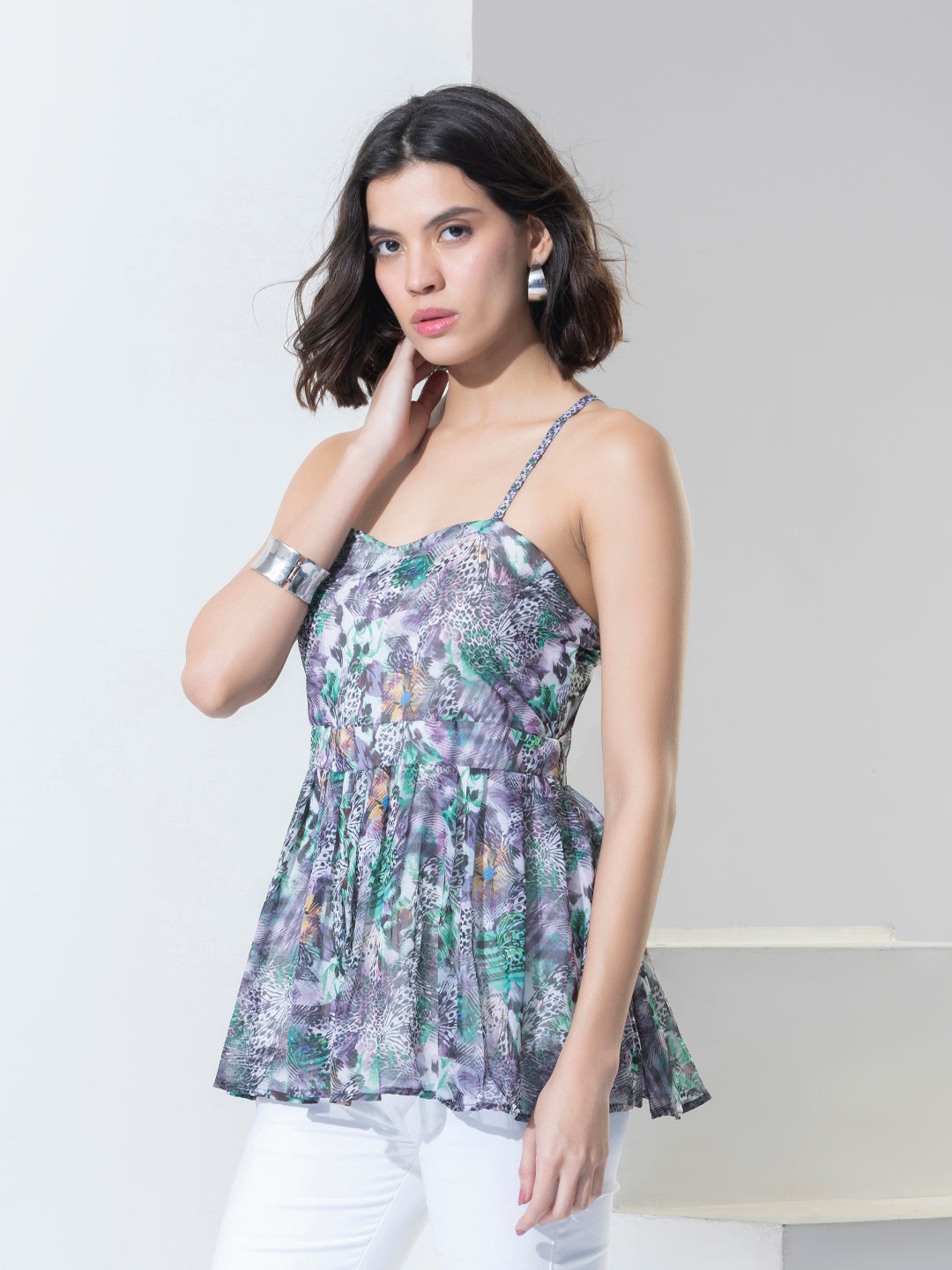 Green Floral Print Fashion Spagetti Top With Shrug