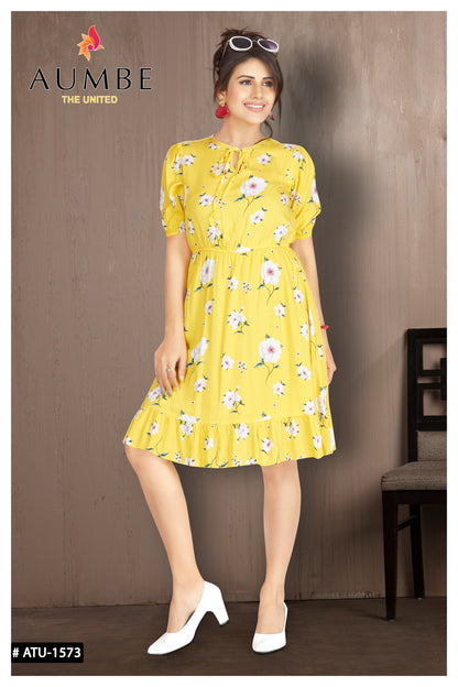 Yellow Floral Print Knee Length Dress