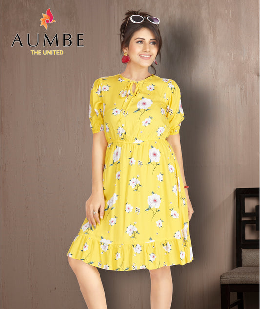 Yellow Floral Print Knee Length Dress