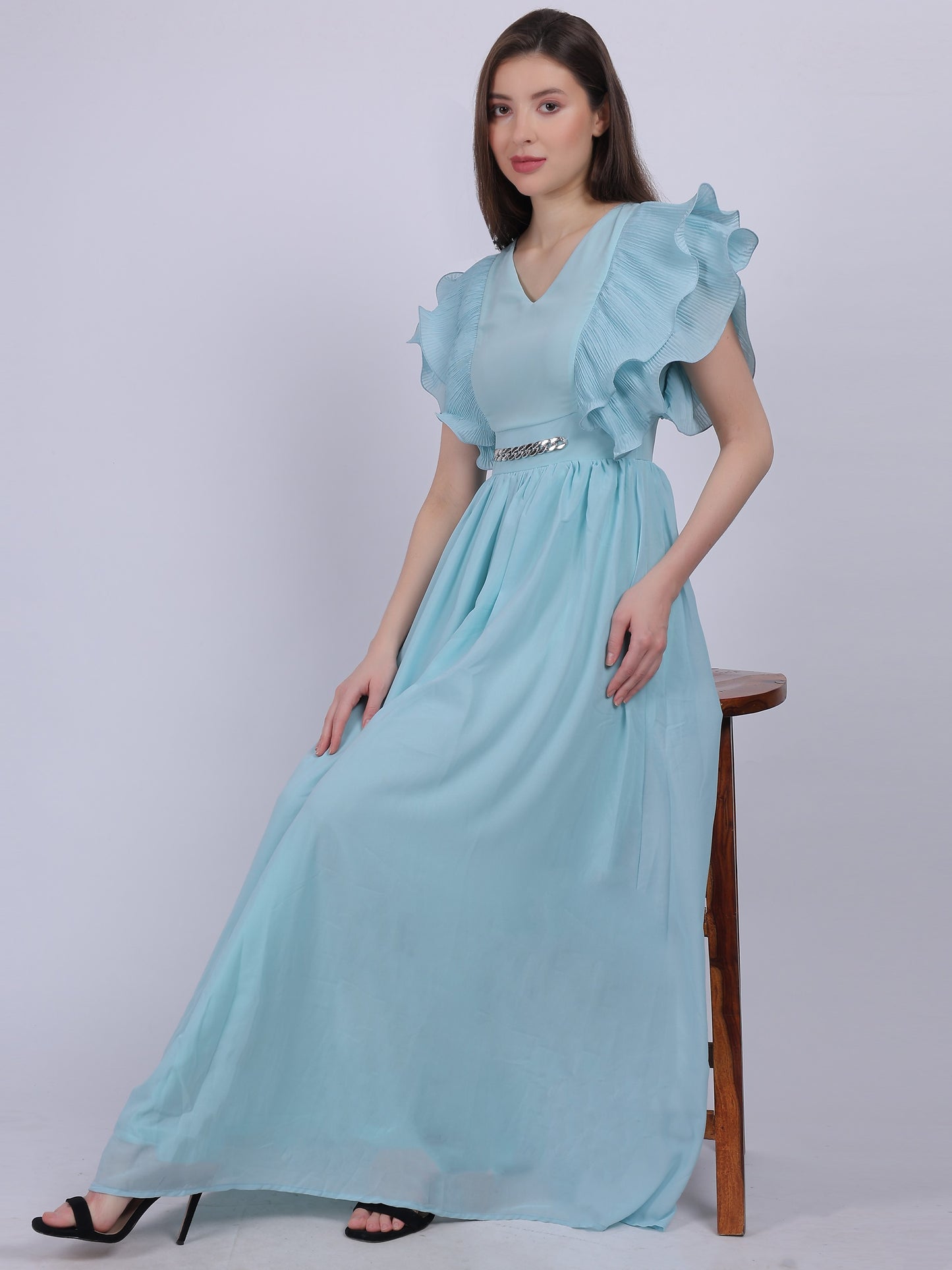 Sky Blue Long Pleated Ruffle Dress With Attached Belt