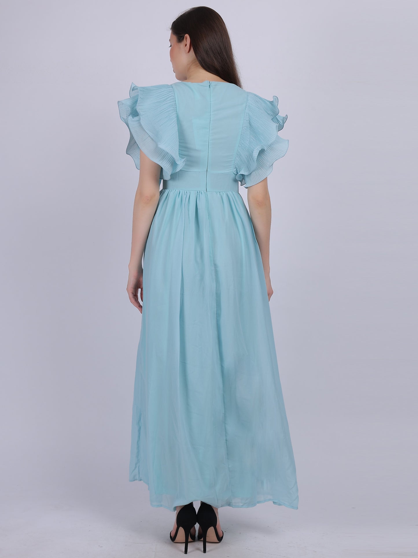 Sky Blue Long Pleated Ruffle Dress With Attached Belt