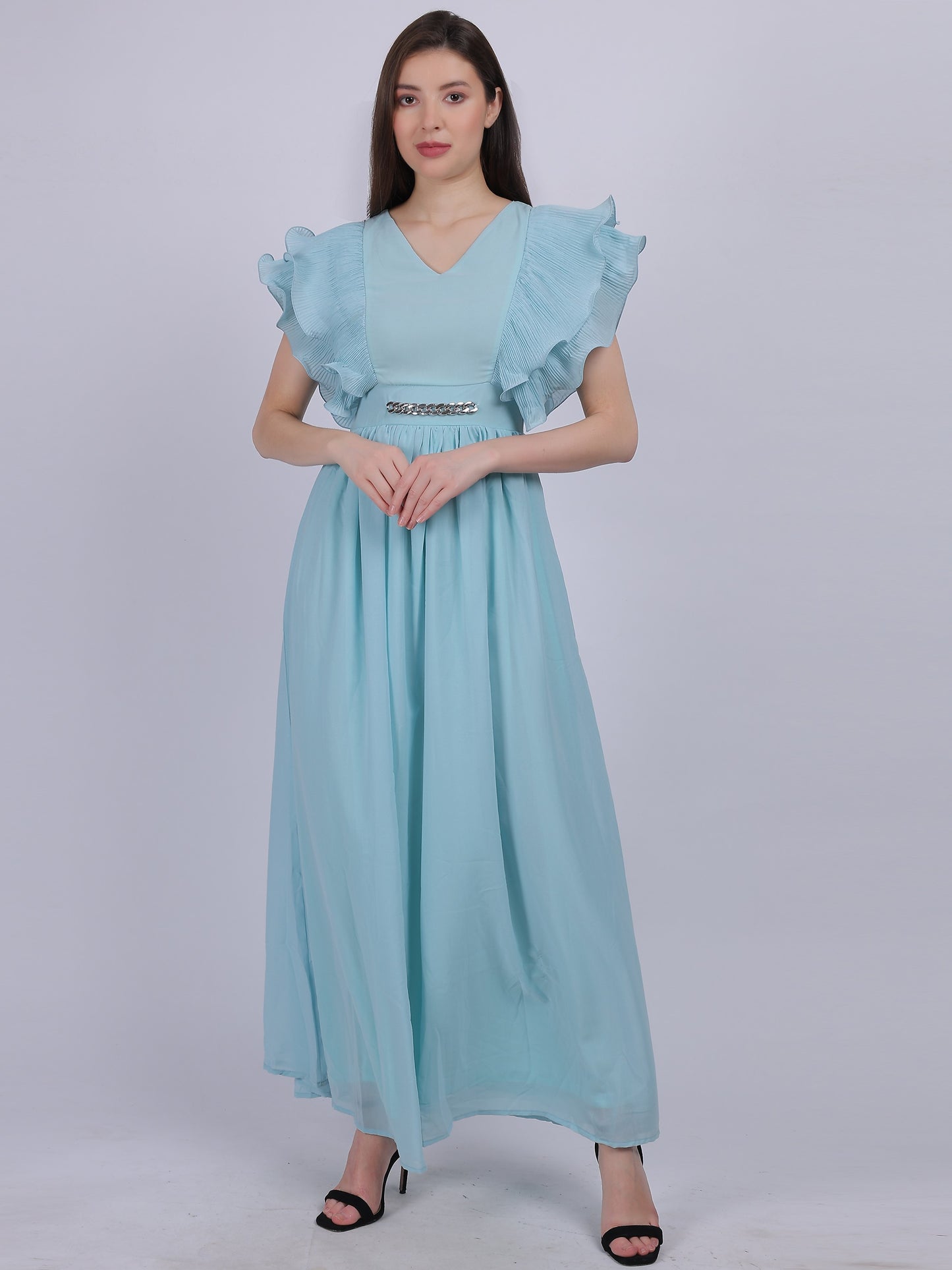 Sky Blue Long Pleated Ruffle Dress With Attached Belt