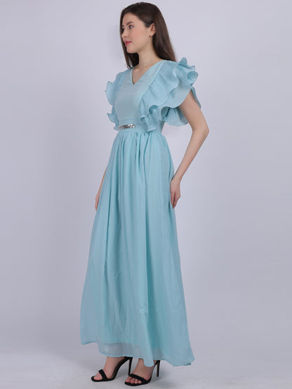 Sky Blue Long Pleated Ruffle Dress With Attached Belt