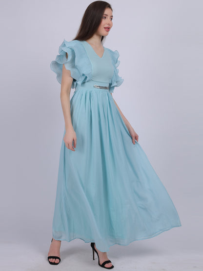 Sky Blue Long Pleated Ruffle Dress With Attached Belt