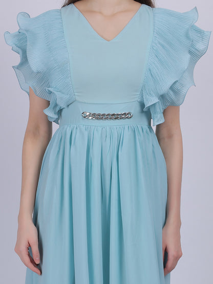 Sky Blue Long Pleated Ruffle Dress With Attached Belt