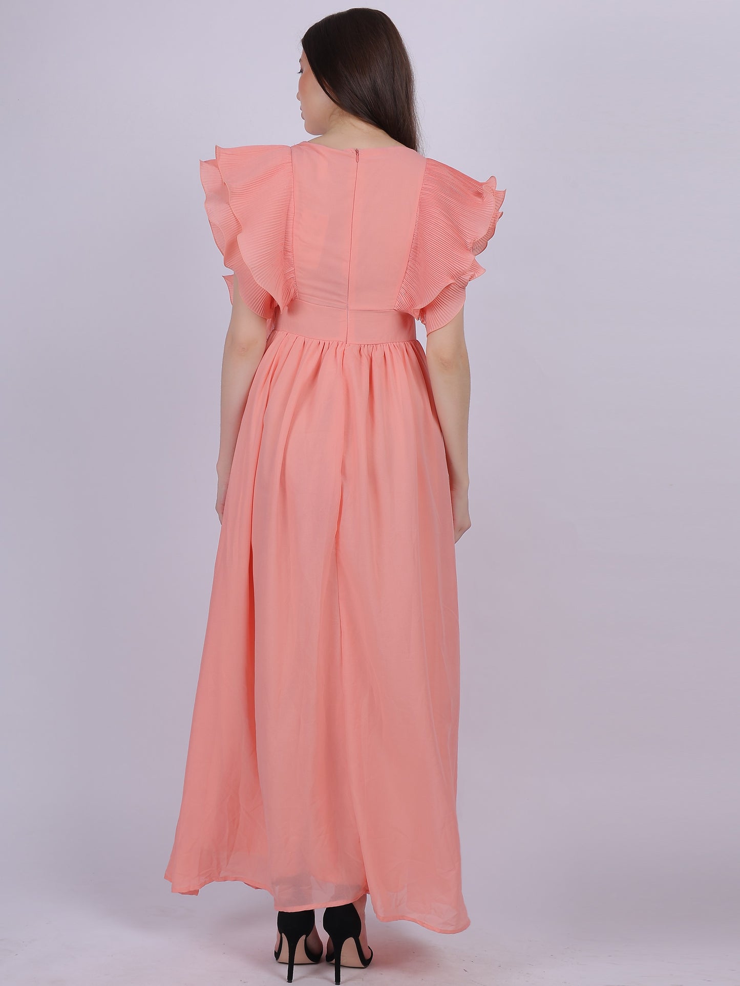 Peach Long Pleated Ruffle Dress With Attached Belt