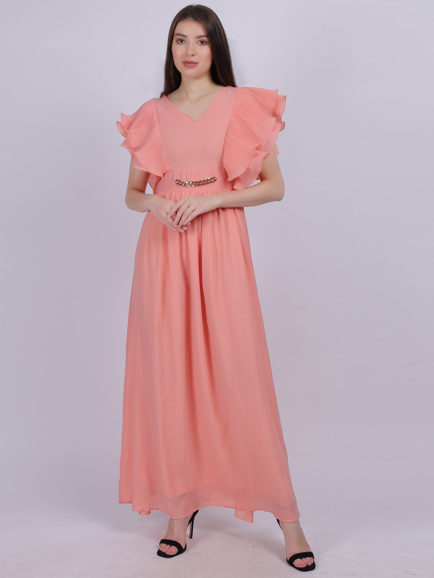 Peach Long Pleated Ruffle Dress With Attached Belt