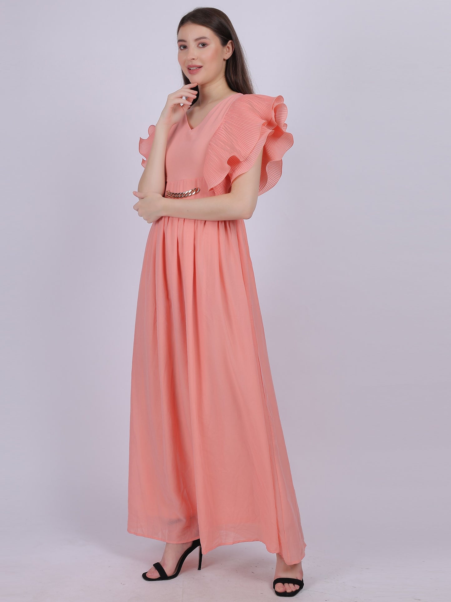 Peach Long Pleated Ruffle Dress With Attached Belt