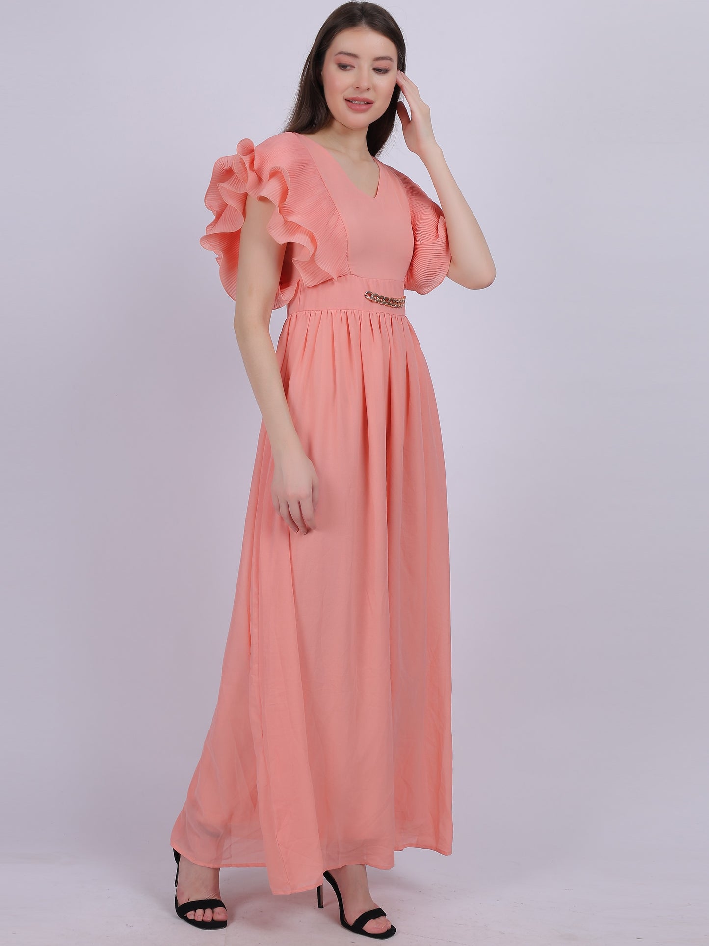 Peach Long Pleated Ruffle Dress With Attached Belt