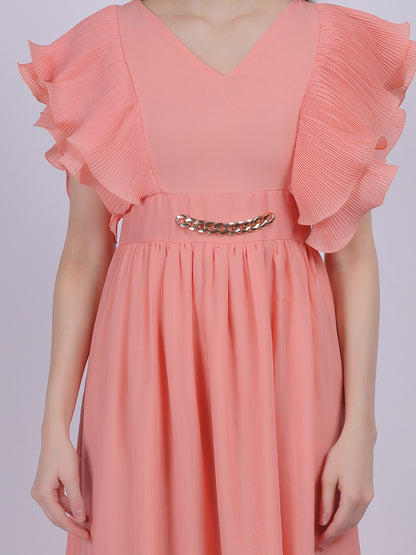 Peach Long Pleated Ruffle Dress With Attached Belt