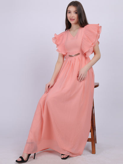 Peach Long Pleated Ruffle Dress With Attached Belt