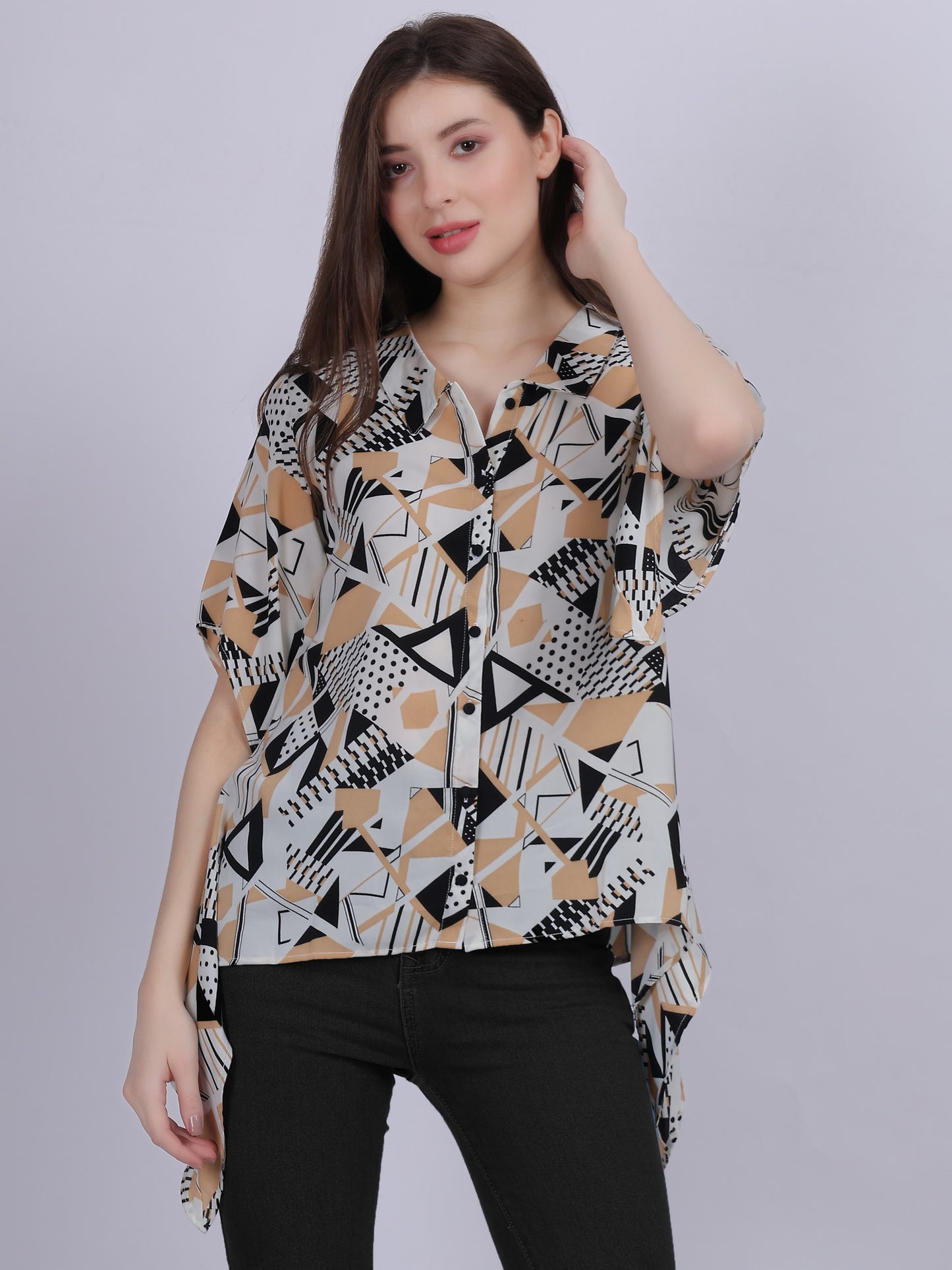 Beige Asymmetric Abstract Print Tunic Fashion Top