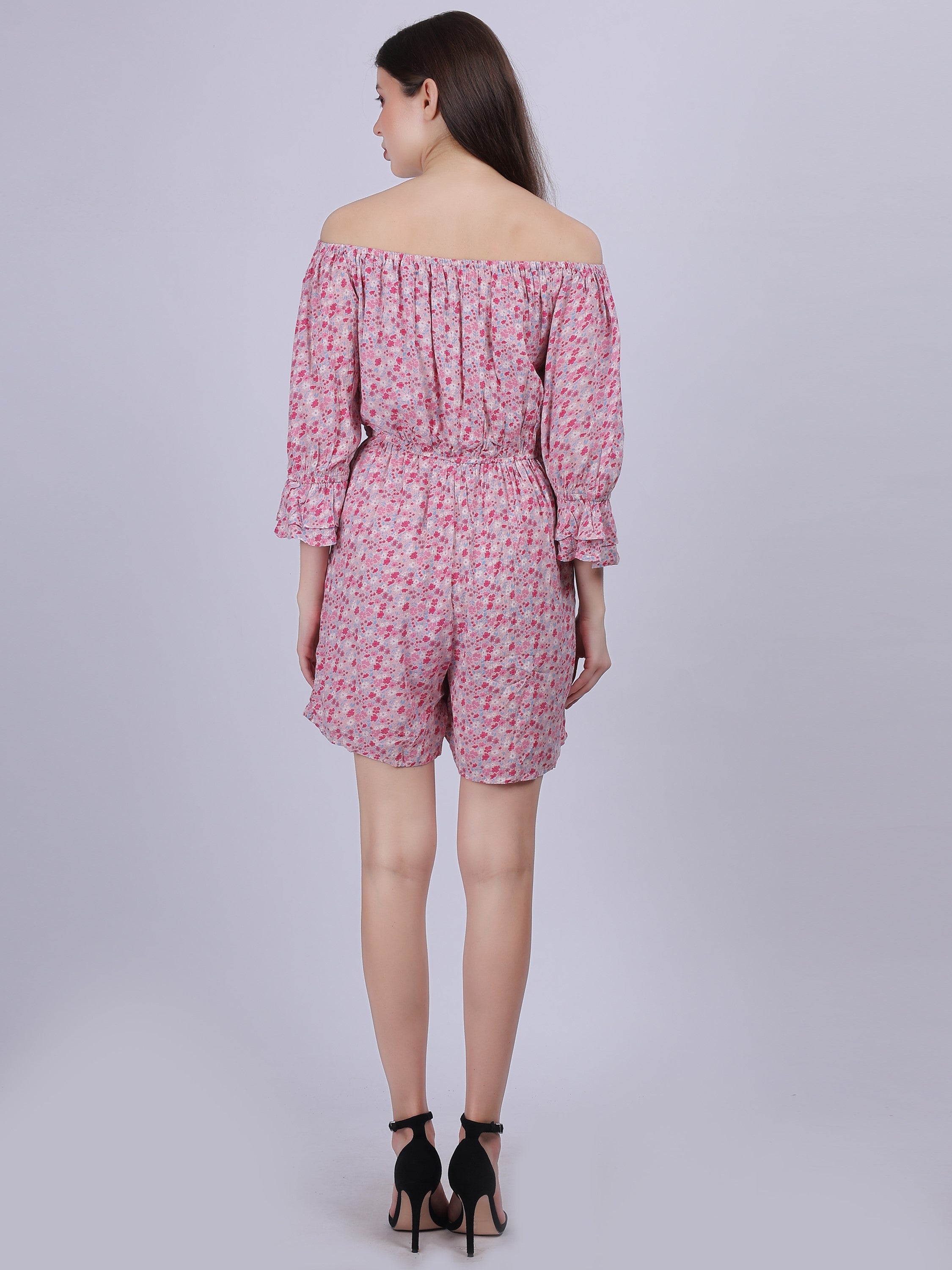 Pink Floral Print Off Shoulder Fashion Romper AUMBE