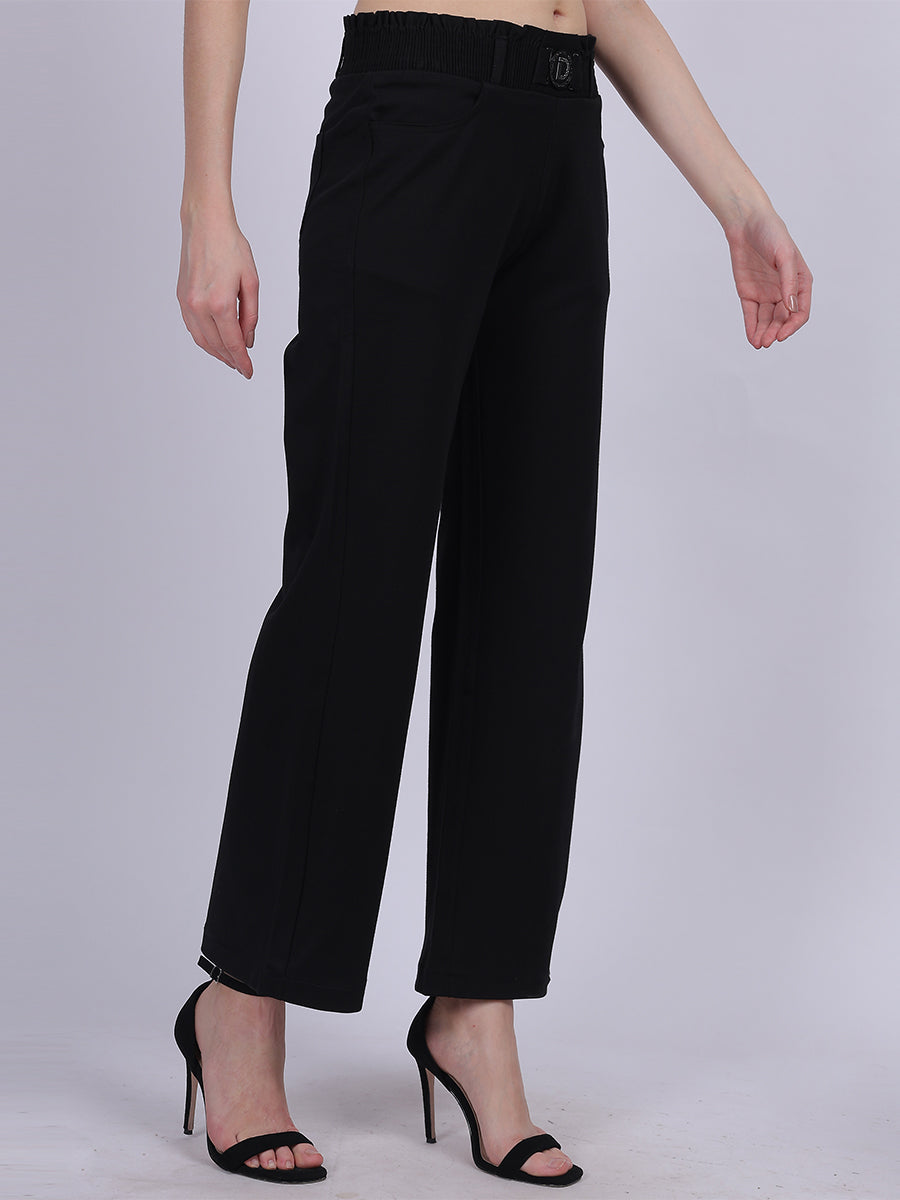 Black Straight Fit Stretchable Fashion Pants