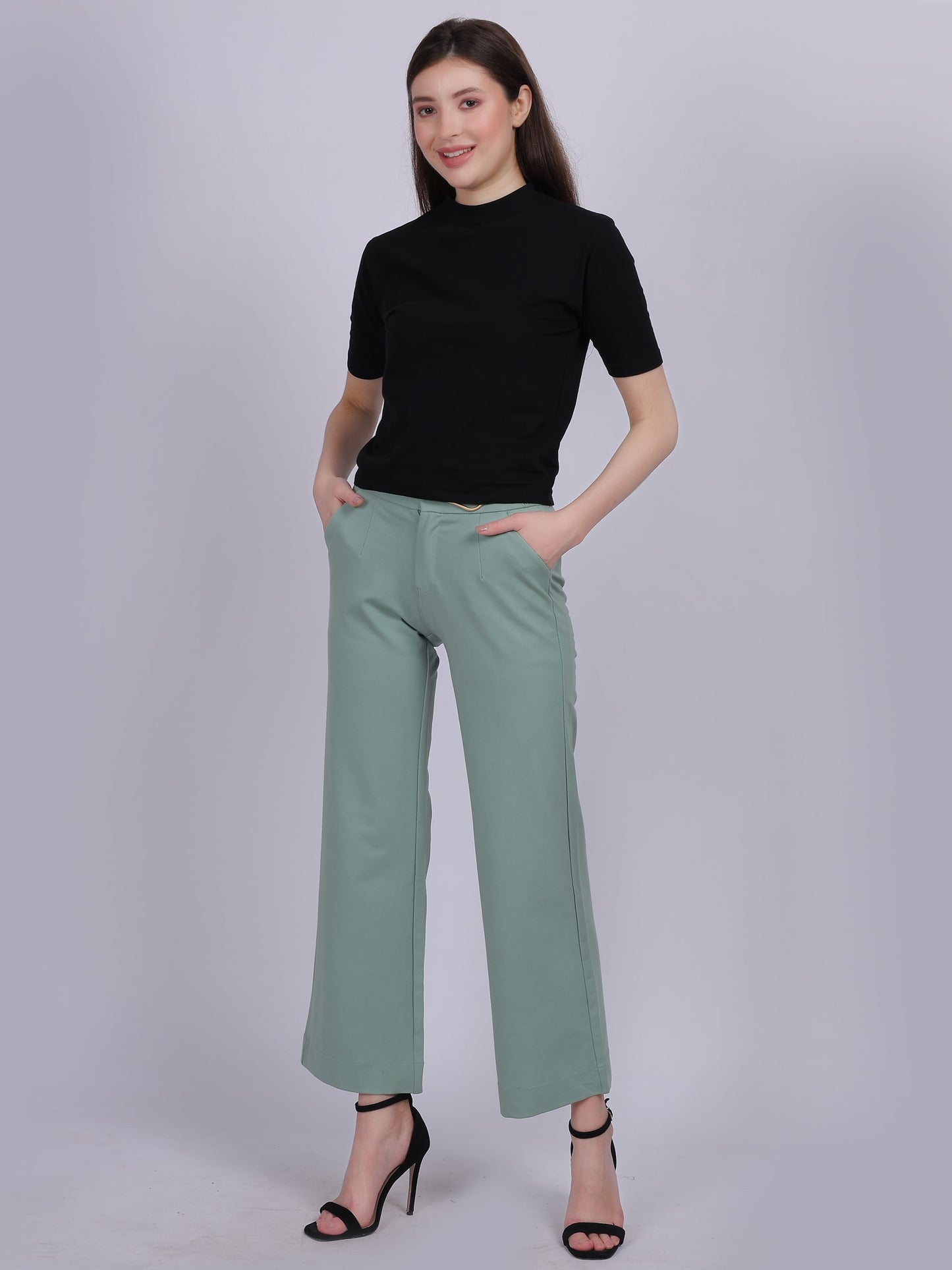 Sea Green Straight Fit Stretchable Fashion Pants