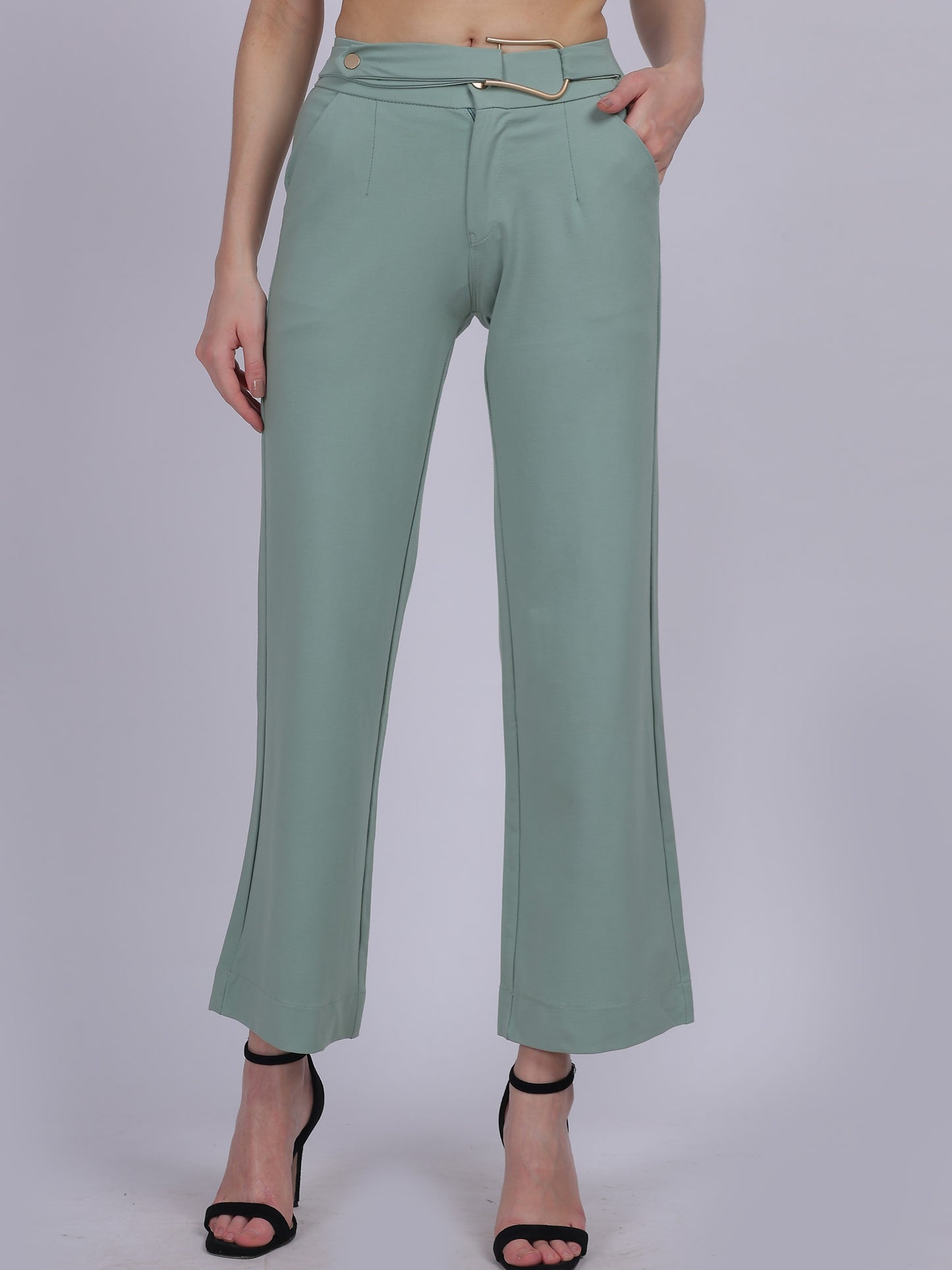 Sea Green Straight Fit Stretchable Fashion Pants